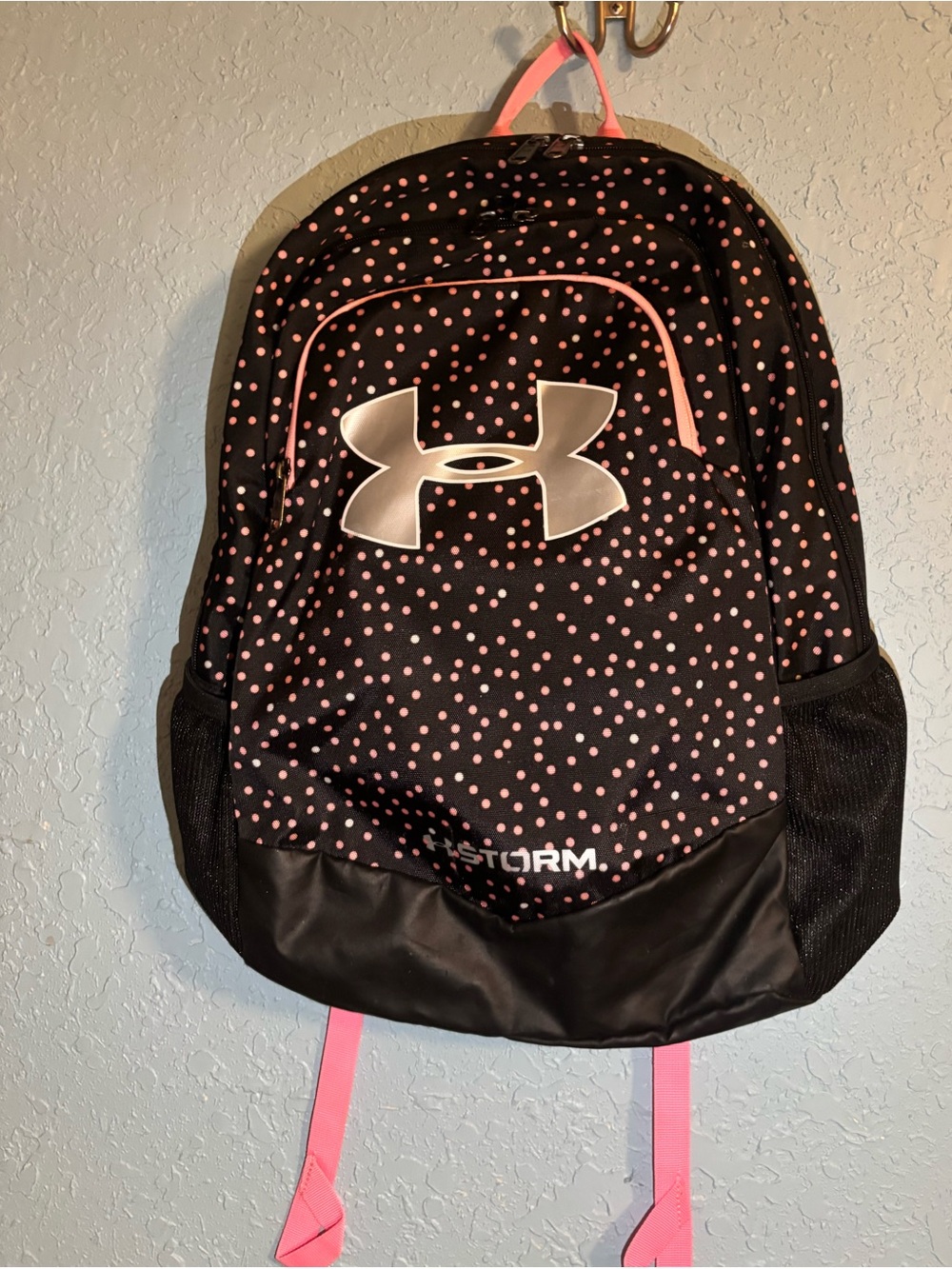 Under Armour Black Backpack with Pink Polka Dot Accents